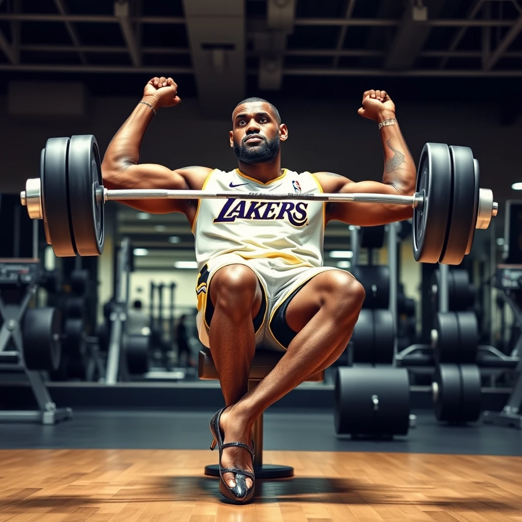 Famous basketball player LeBron James lifting weights, wearing high heels and in a Lakers shirt. - Image