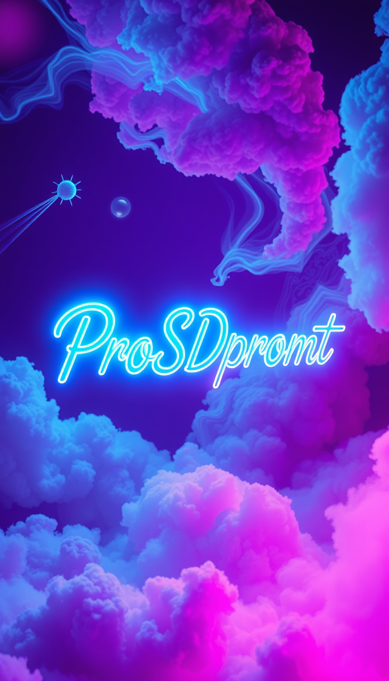 A stunning digital artwork created with Phoenix, situated in a dreamlike realm, showcasing a surreal and vibrant cinematic scene exactly as described, with a photorealistic aesthetic, and subtle film grain, where a bold, neon-lit text overlay proudly proclaims "ProSDpromt" in futuristic, curved font, amidst swirling clouds of iridescent blue and magenta hues, set against a deep, rich purple background, evoking a sense of wonder and hyper-reality, with subtle lens flares and gl. - Image