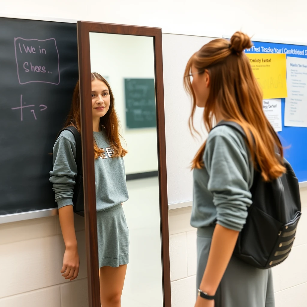 A female student looks at herself in the mirror and can see her legs.