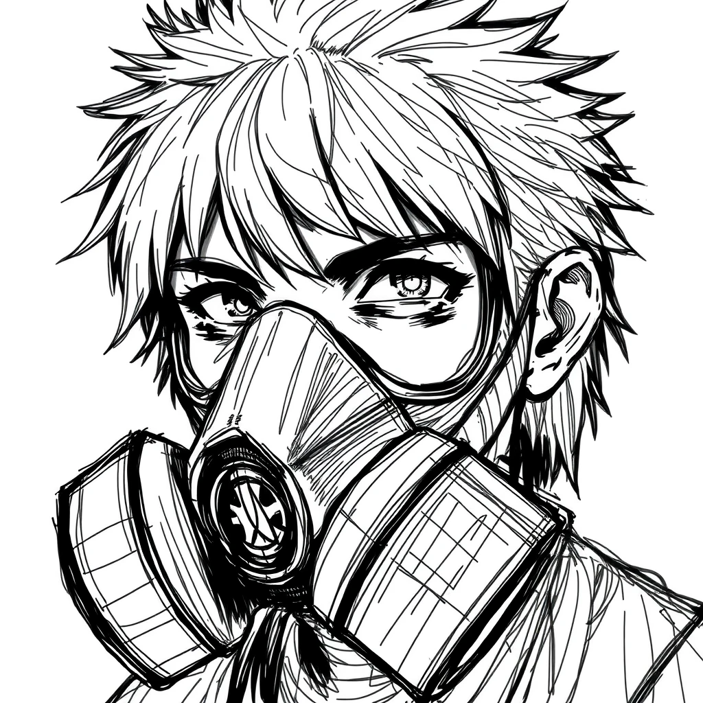 Create an illustration in the same style as the provided image, which features a character with a gas mask and distinct, sketchy line work. The character appears to have hair or fur covering the top of the head, and there are dark areas around the eyes that suggest goggles or protective eyewear integrated into the gas mask. The style is gritty and heavily textured, with cross-hatching and scribble-like lines creating depth and shadow.