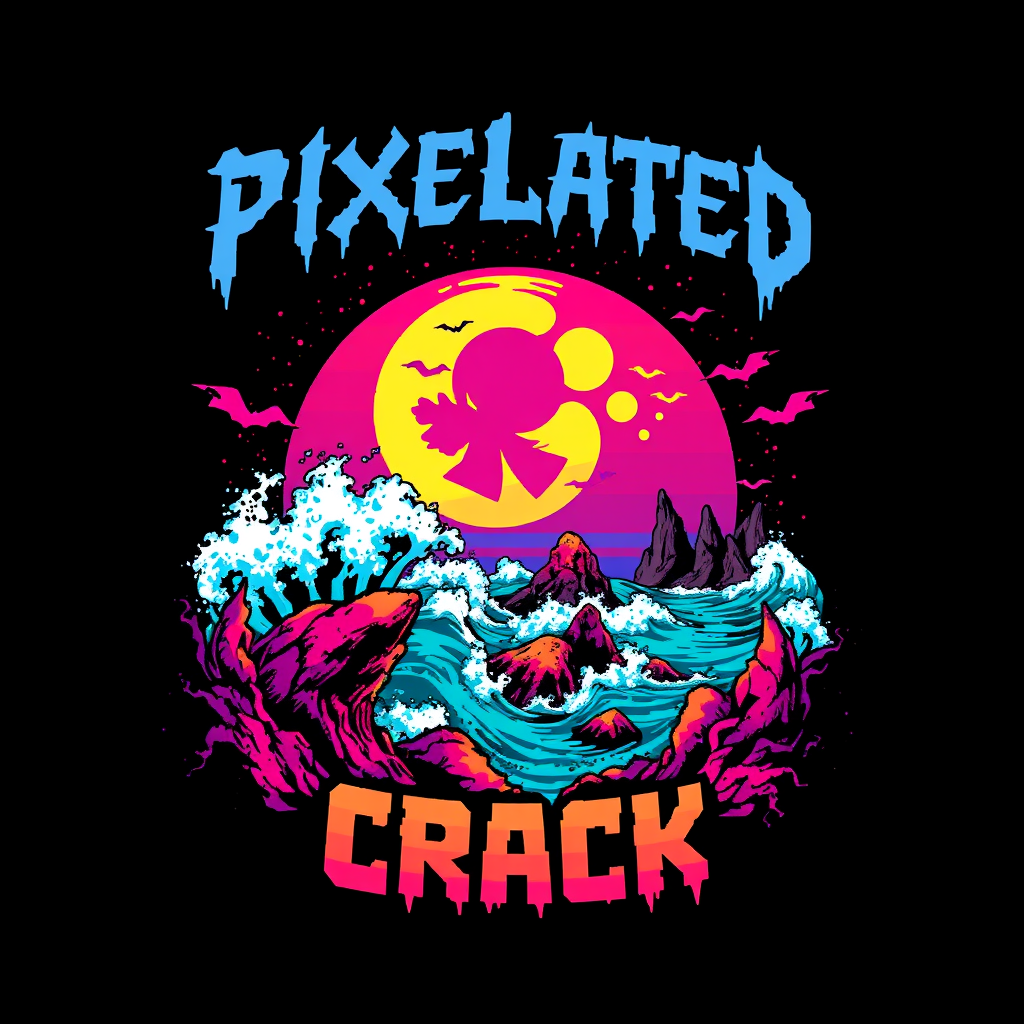 T-shirt design with a blocky colorful 8-bit style of death metal blended with chiptune. The visual should be unique and striking but macabre blended with beauty, and the band name is "Pixelated Crack" with a scene inspired by the deep sea.