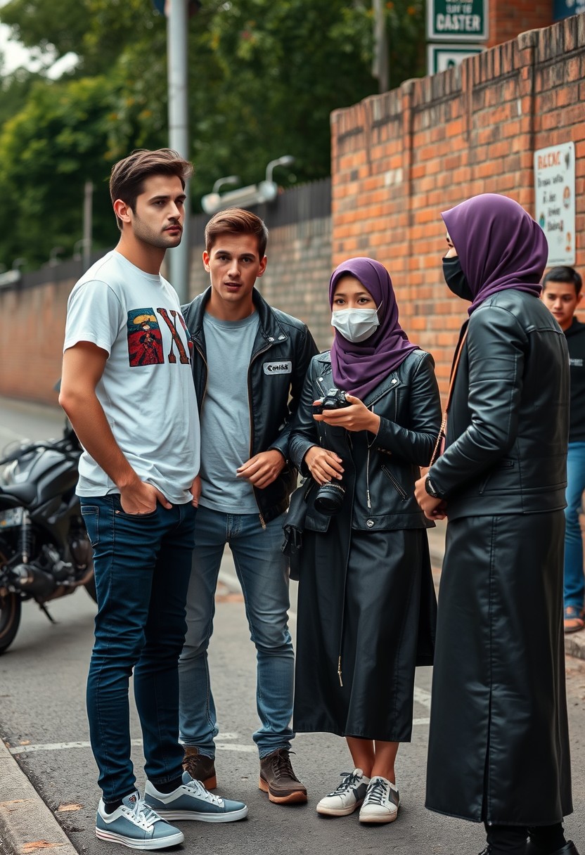 Jamie Dornan and Freddie Prinze, head and body shot, handsome, young, serious face, dark brown hair, white T-shirt, collaged jacket, skinny jeans, sneakers, standing, discussing with two guys and a short purple hijab Muslim girl, beautiful eyes, face mask black, black leather jacket, longest black leather skirt, holding a Canon DSLR camera, near a town road, superbike, hyper realistic, street photography, brick wall, full body photo, three other random friends in the back.