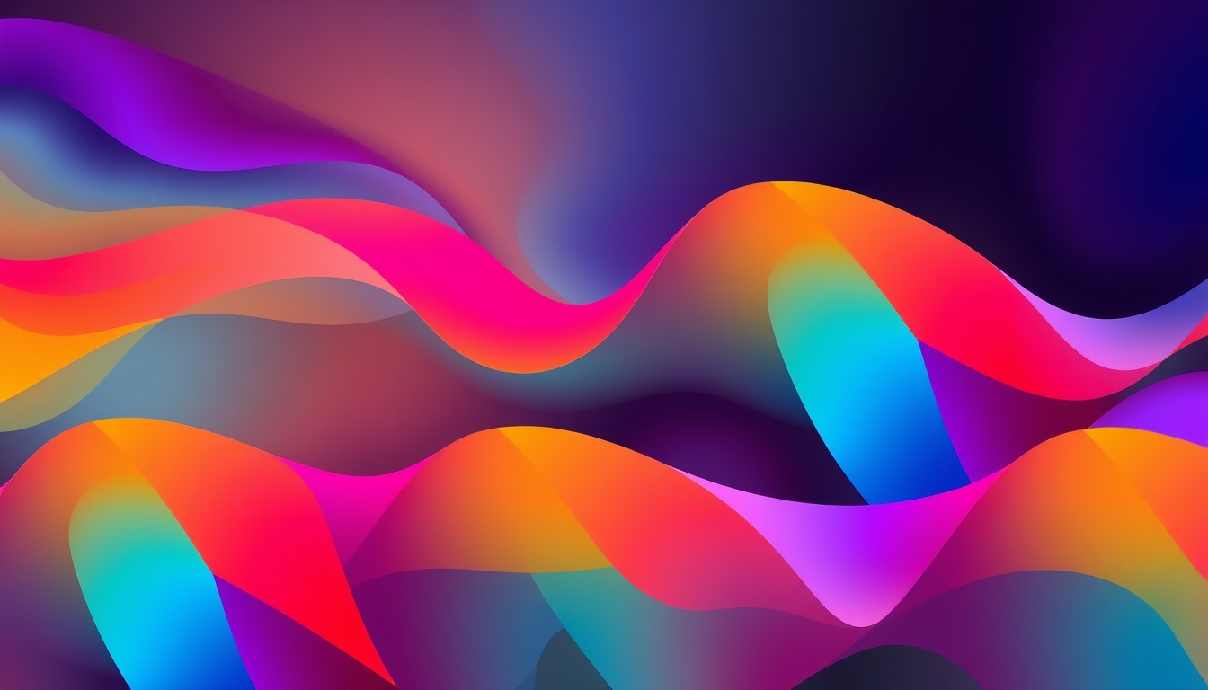 A high-resolution digital artwork with bold geometric shapes in vibrant colors, blending seamlessly with fluid gradients, creating a dynamic visual effect. - Image