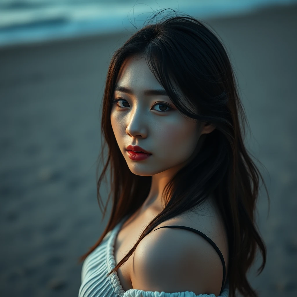 Beautiful Korean girl, clean, 20 years old, she is looking forward, full body shot, drone shot, beach, mysterious, beautiful, Korean, KPOP, mysterious, high definition, cool, atmosphere, bright. - Image