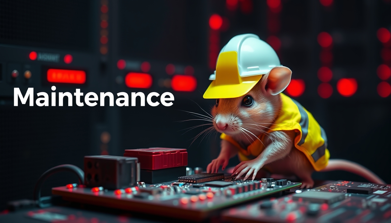 A small mouse with a hard hat and high visibility vest is repairing a circuit board; the mouse has a serious look in his eyes. The background shows a server room with only red emergency lighting, creating a red ambient glow. The text in the background says "Maintenance." - Image