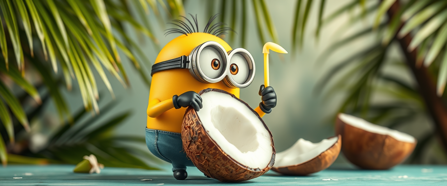 Minion with coconut juice, wallpaper, 8k