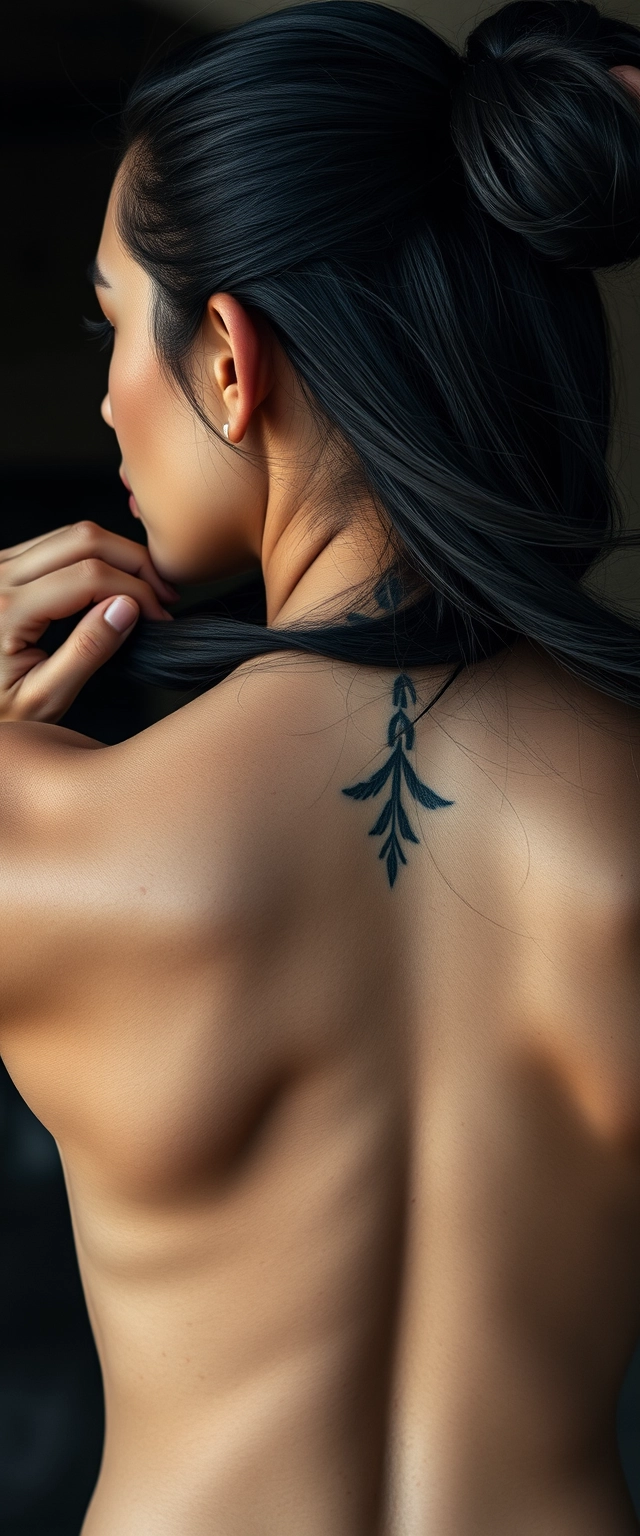 Close-up view of the tattooed back neck of a muscular Indian-Korean woman with white skin, holding her beautiful hair in her hands.