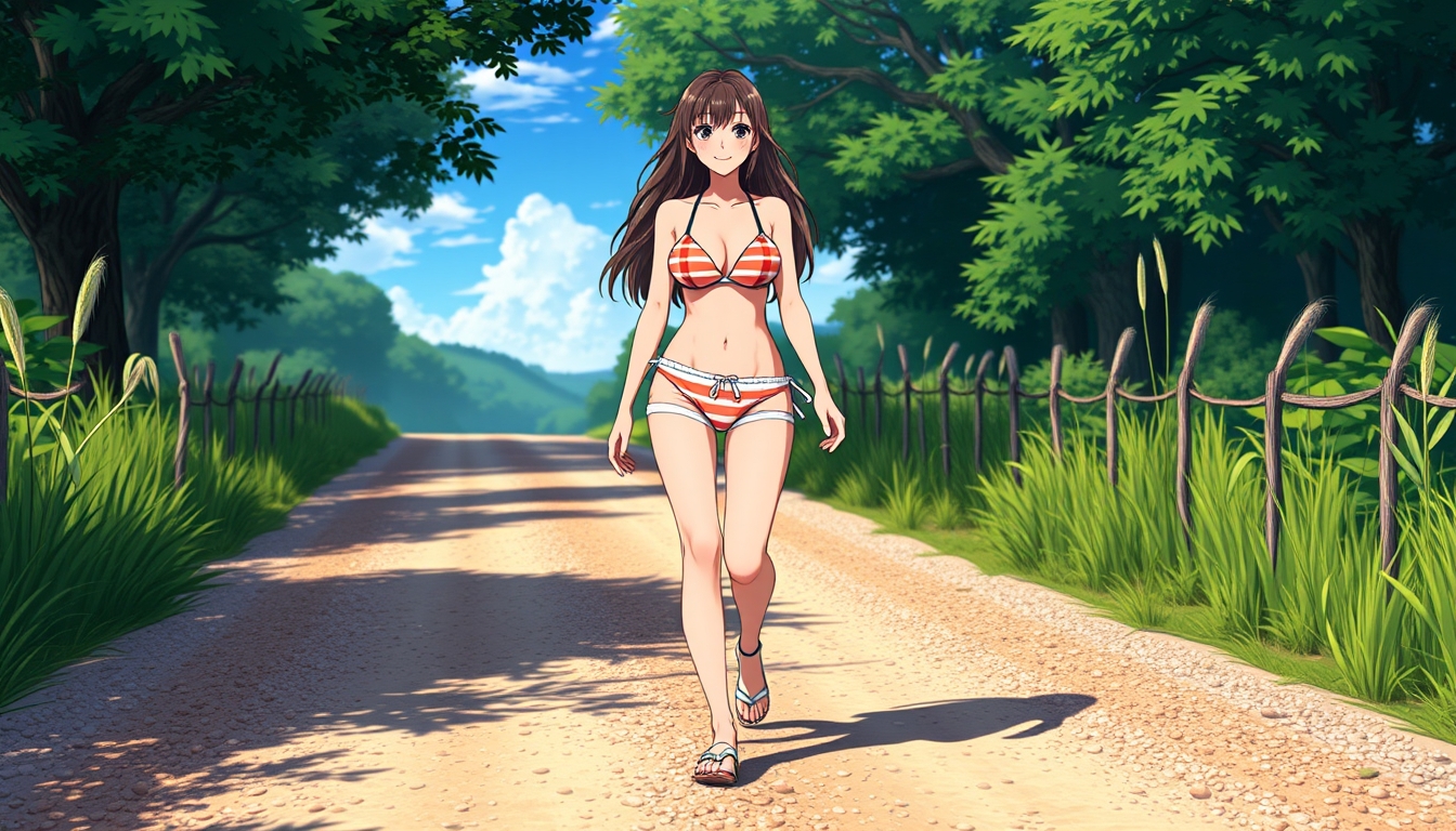 A beautiful adult girl wearing a striped bikini walking on a gravel country road, anime style, barefoot, smiling.