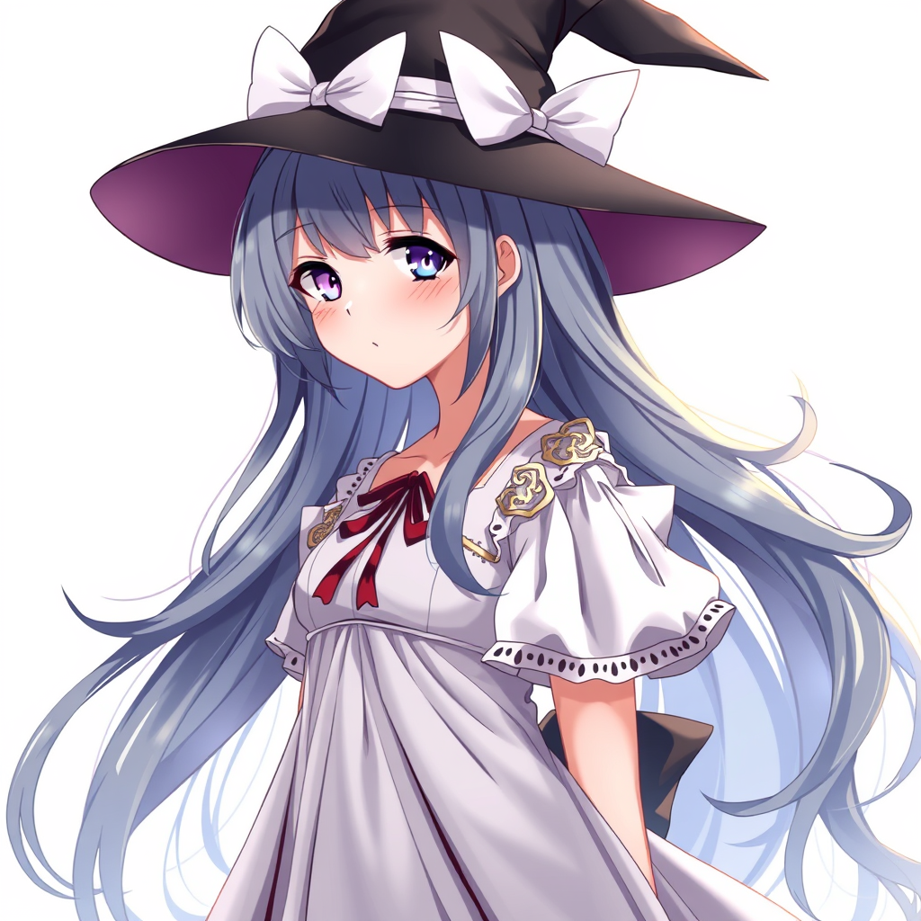 Anime art of a motherly witch, hairstyle, witch dress, natural reflective, detailed body, standing, white background, stunning details, trending on ArtStation, anime artwork, illustration quality, soft shadows.