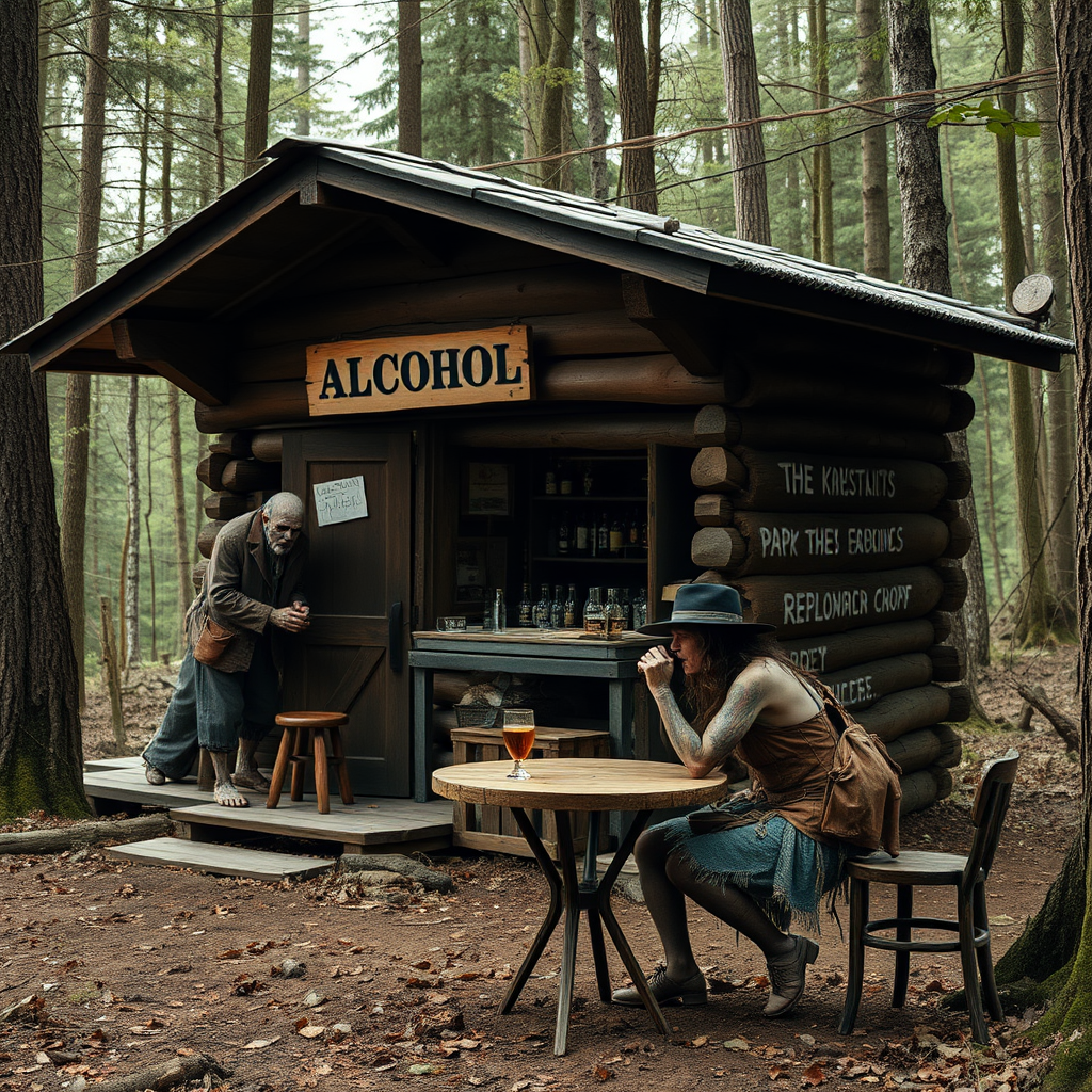 Real-life photography, wide shot: In the forest, there is a wooden cabin selling alcohol, and a dressed zombie comes to buy some. Next to the cabin, there are one table and two chairs, with a zombie wearing a hat sitting and drinking. A female barbarian is selling the alcohol.