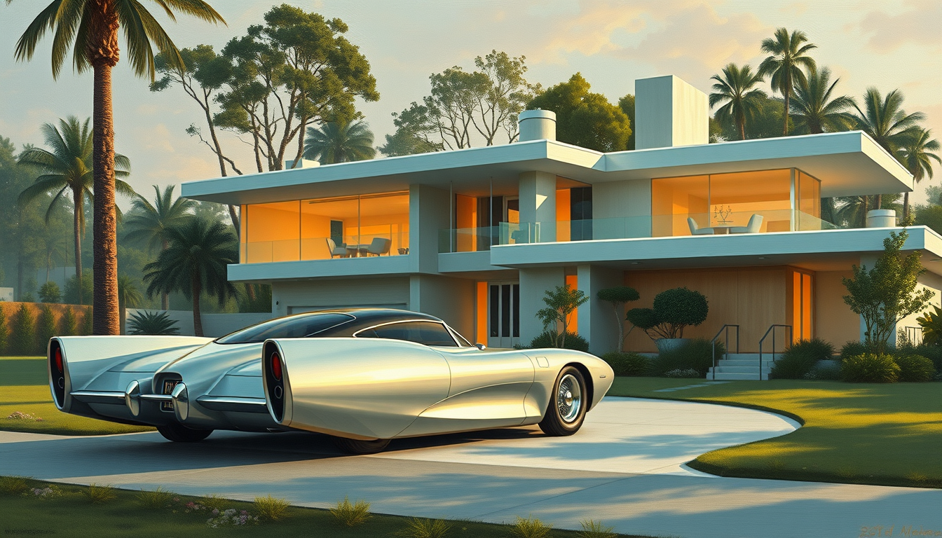 A mid-century-modern house with a concept car in front, a painting by Syd Mead, 4k. - Image