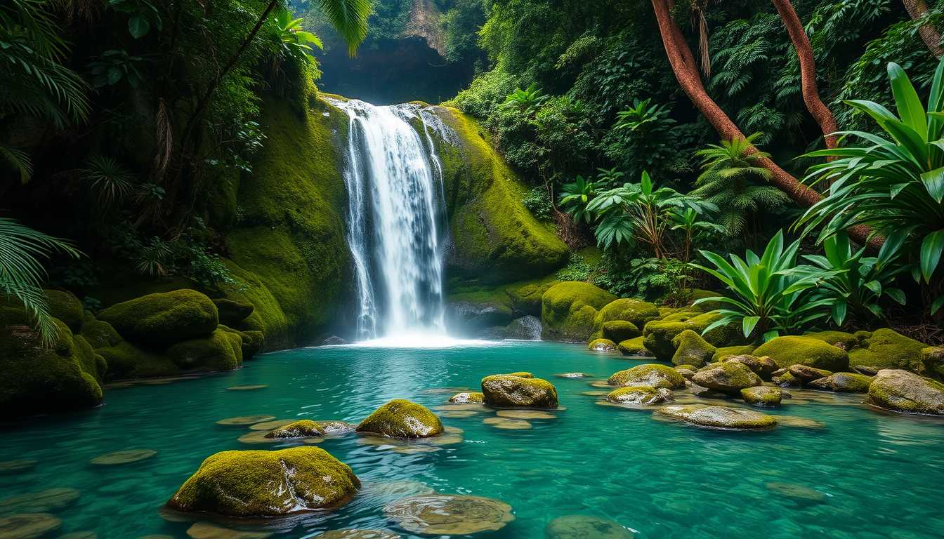 rfall, cascading, clear water, lush greenery, high quality, photorealistic, hidden oasis, serene, rainforest, breathtaking, secluded::0.8 moss-covered rocks, tropical plants, natural pools, jungle trails, mist, - Image