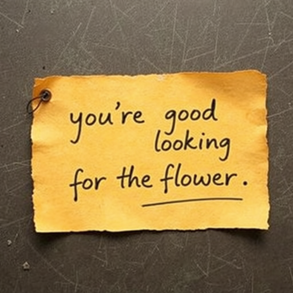 "A writing on grunge paper in a signature style saying 'you're good looking for the flower.'"