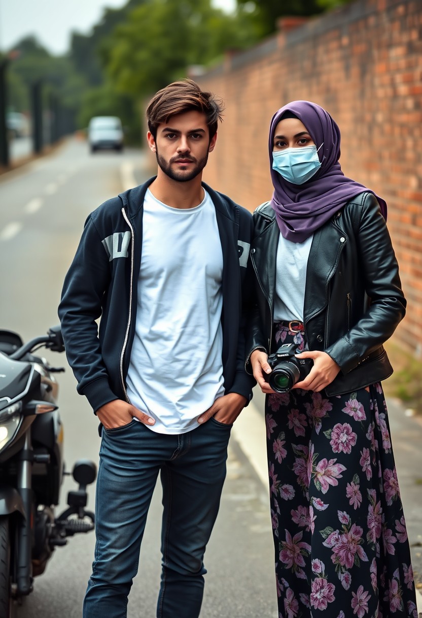 Jamie Dornan and Freddie Prinze head and body shot, handsome, young, serious face, dark brown hair, white T-shirt, college jacket, skinny jeans, sneakers, standing, talking to each other with a not tall purple hijab Muslim girl, beautiful eyes, face mask, black leather jacket, biggest floral skirt, holding a DSLR Canon camera, near town road, superbike, hyper-realistic, street photography, brick wall, full body photo.