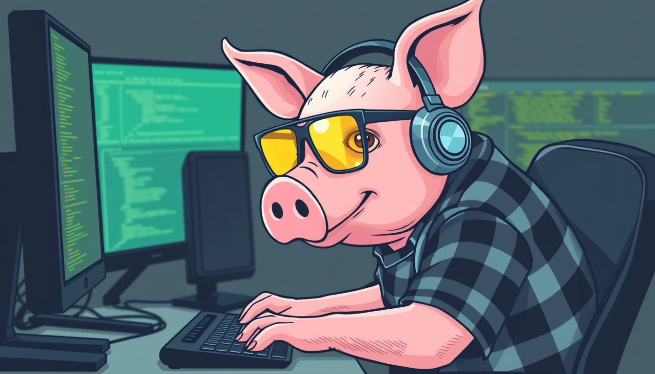 A tech-savvy pig coder, wearing yellow-tinted glasses and sleek noise-cancelling headphones, hunches over a cutting-edge multi-monitor setup. The anthropomorphic pig exudes focus, typing furiously while dressed in a plaid t-shirt.