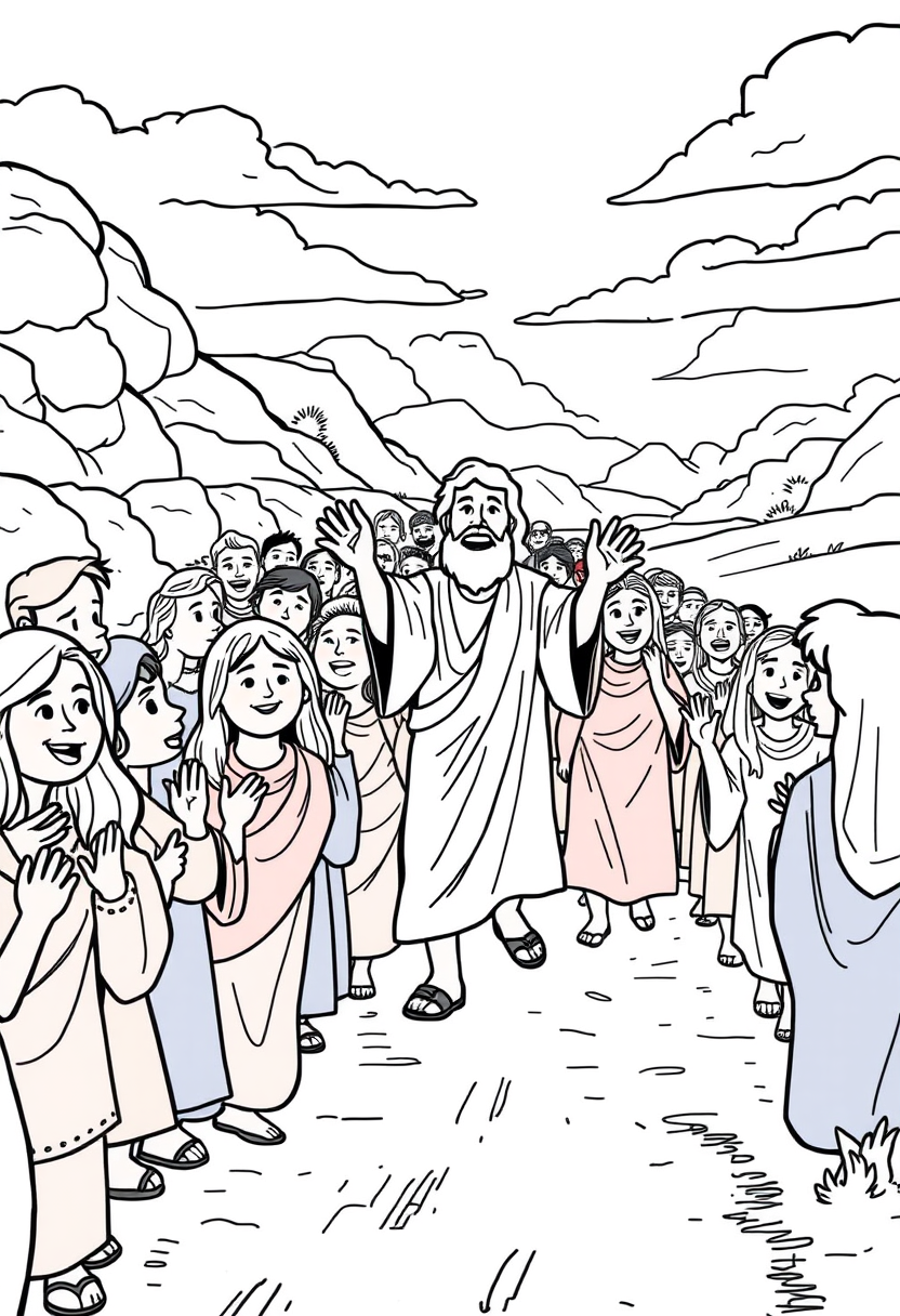 Depict a crowd of people joyfully following Jesus along a dusty road, with expressions of hope and excitement. A coloring book page, cartoon style, thick lines, low details, no shading. - Image