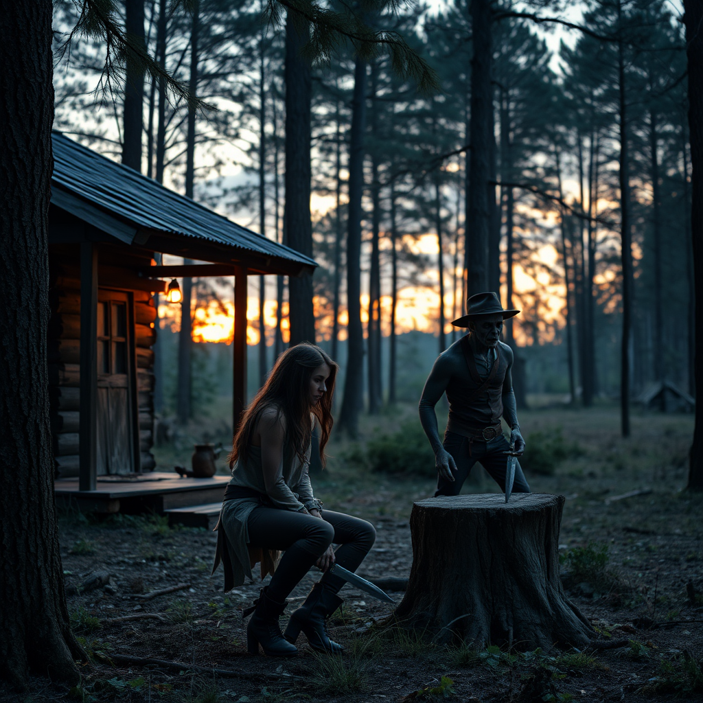 Real-life photography: In the evening, in the forest, there is a wooden cabin, and not far away, a female barbarian is sitting on a wooden stump, holding a dagger. In the distance, there is a dressed zombie wearing a hat, and she is watching the zombie.