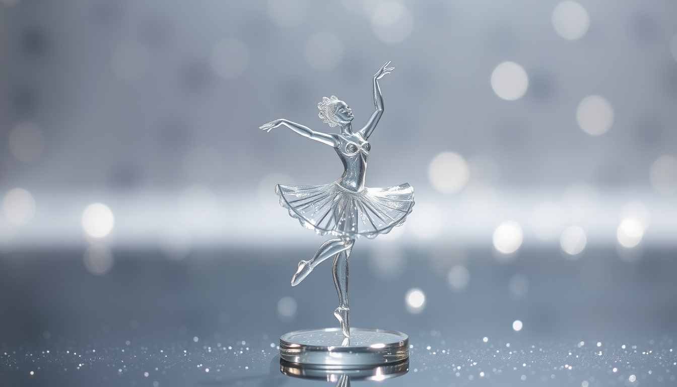 A delicate glass sculpture of a dancing ballerina, surrounded by shimmering light.