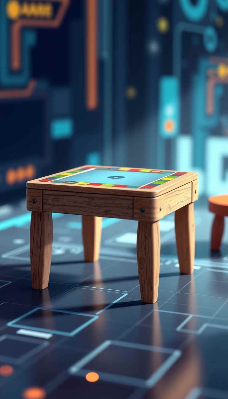 The image presents a 3D rendering of a small table. The game table, made of wood, is the central focus of the image. It is a square table with legs, the top has a multicolor border and the middle part is aqua blue. The background is digital, the overall mood is playful, suitable for digital game art. - Image