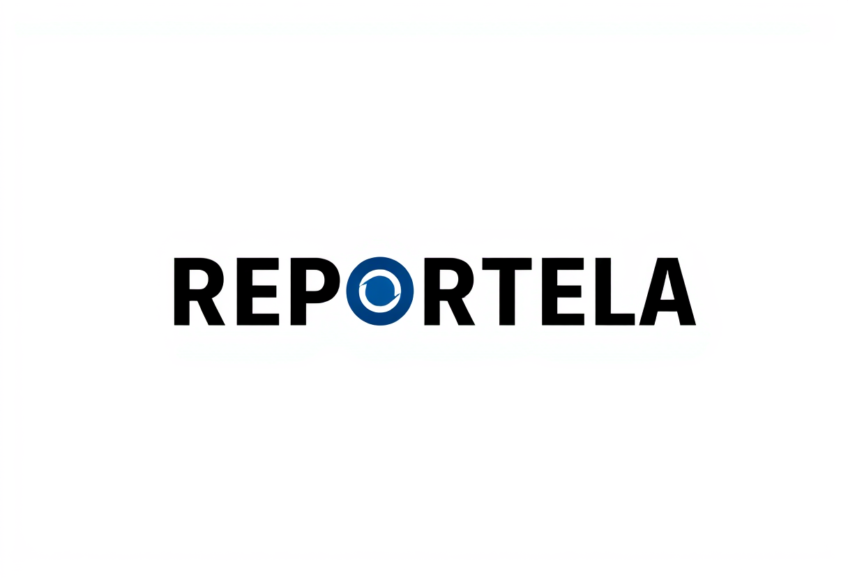 Create a logo with the text "REPORTELA" for a photographic reporting company. Use color, black, white, blue.