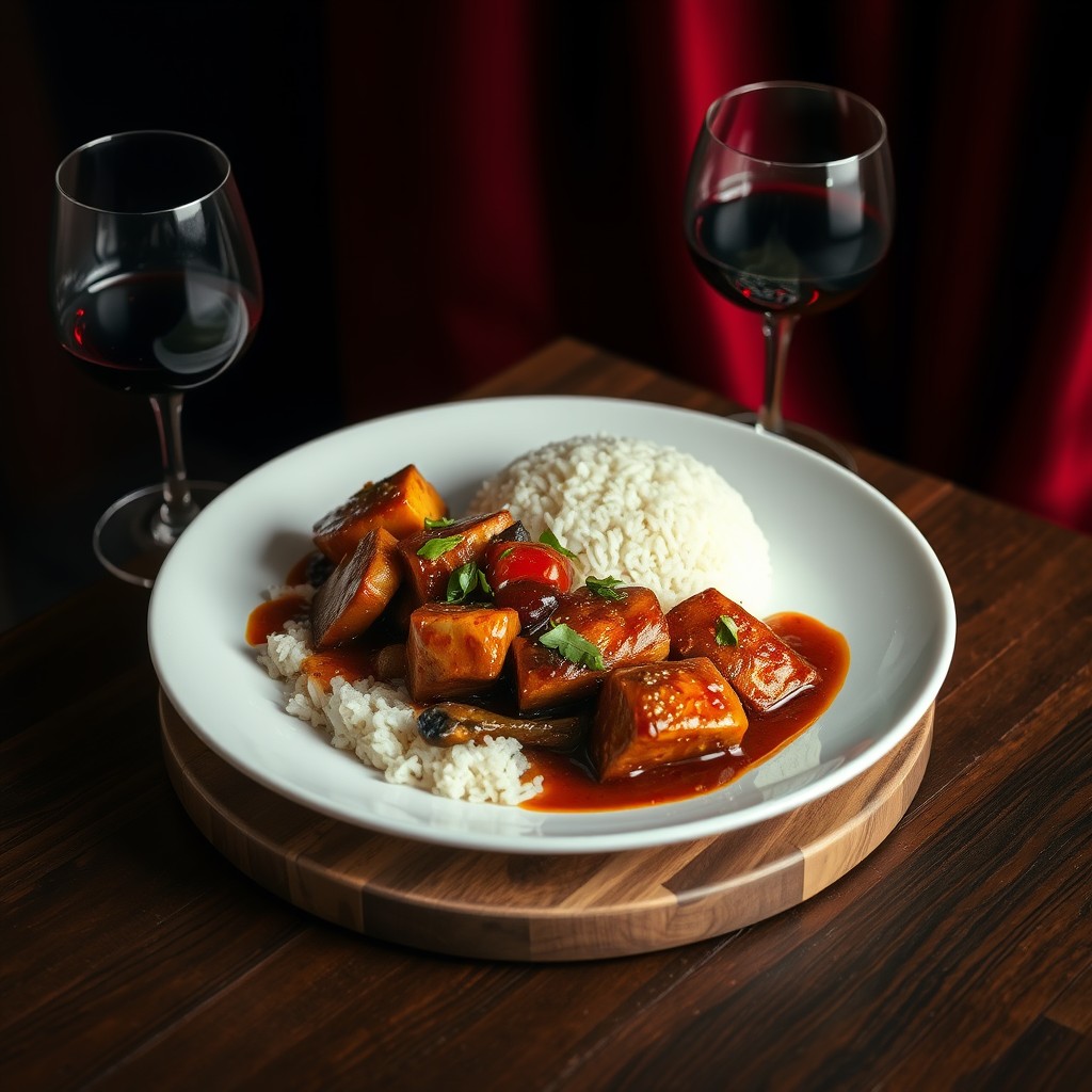 A highly detailed and sharp image of a plate of rice with Vietnamese-style caramelized basa fish. The dish is beautifully plated with pieces of basa fish cooked in a rich, dark caramel sauce, garnished with fresh herbs and served alongside a portion of rice. The plate is placed on a wooden table. Next to the plate, there is a glass of red wine. The background features dark areas with rich red drapes, creating a contrast that highlights the vibrant colors and textures of the dish. The overall atmosphere is elegant and inviting, capturing the intricate details of the meal and the dining setting. - Image