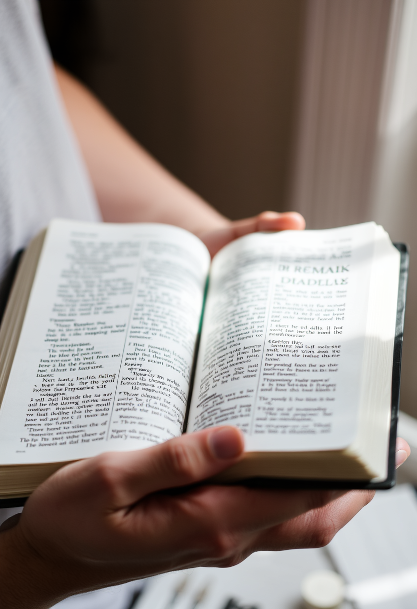 Depict a close-up of a person's hands holding an open Bible, with light shining on the pages. - Image