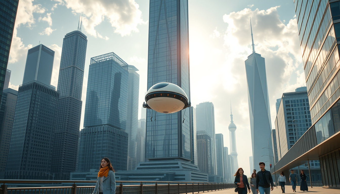 Create a stunning high-resolution image of the city of the future. The skyline should be filled with towering skyscrapers. Include a light-colored oval balloon-type robot flying rapidly through the air with tiny black balancers on either side of the balloon. There are some people walking on the street, Asian faces, wearing fashionable and avant-garde clothes, creating a laid-back and pleasant atmosphere. The visual focus of the image highlights small balloon-type robots patrolling the air for safety, very beautiful clouds, and sunlight reflecting off the glass surfaces of buildings, creating an atmosphere of excitement and innovation. Very sharp and realistic details, 32K, flat view.