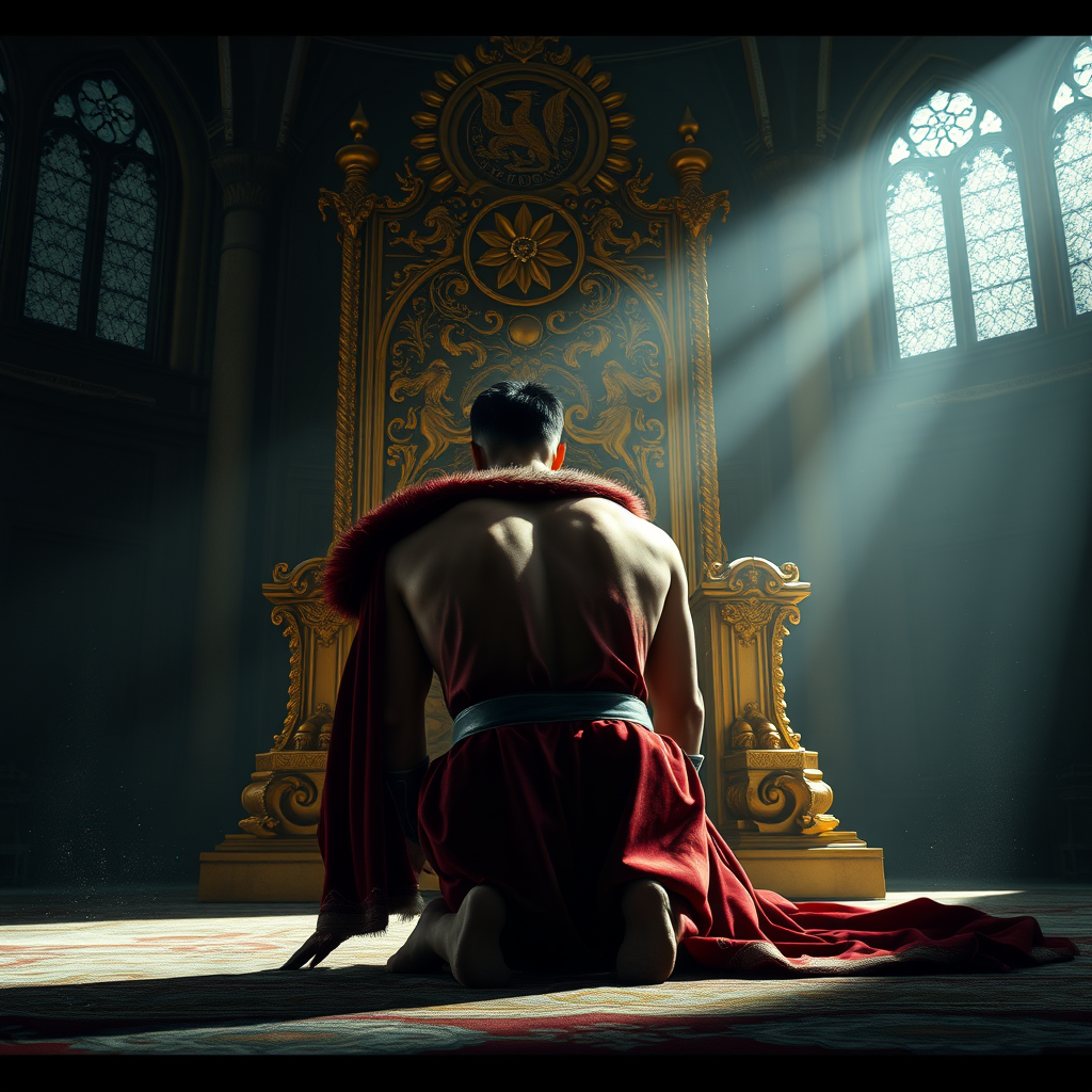 Main Character: A handsome and muscular king with short, dark hair and a chiseled jawline, wearing an intricately embroidered, velvet and ermine-trimmed crimson robe, is positioned on all fours, his head bowed to the ground in a posture of utter submission and fear. His body trembles slightly, conveying his apprehension and vulnerability. He is facing away from the viewer, his back and the crown on his head visible.  
Background: The immense golden throne dominates the scene, its towering presence casting a long, ominous shadow over the king. The throne is ornately carved with intricate details of mythical creatures and symbols of power. The setting is a dimly lit, vast hall with soaring stone arches and stained-glass windows, hinting at the grandeur and power of the kingdom. Dust motes dance in the single ray of light that illuminates the king from above.  
Visual Style: Photorealistic, dramatic lighting with a focus on the interplay of light and shadow, creating a somber and oppressive atmosphere. The color palette is rich and deep, with the gold of the throne contrasting sharply with the dark, muted tones of the hall and the king's robe. The overall composition should evoke a sense of power, fear, and the weight of responsibility. - Image