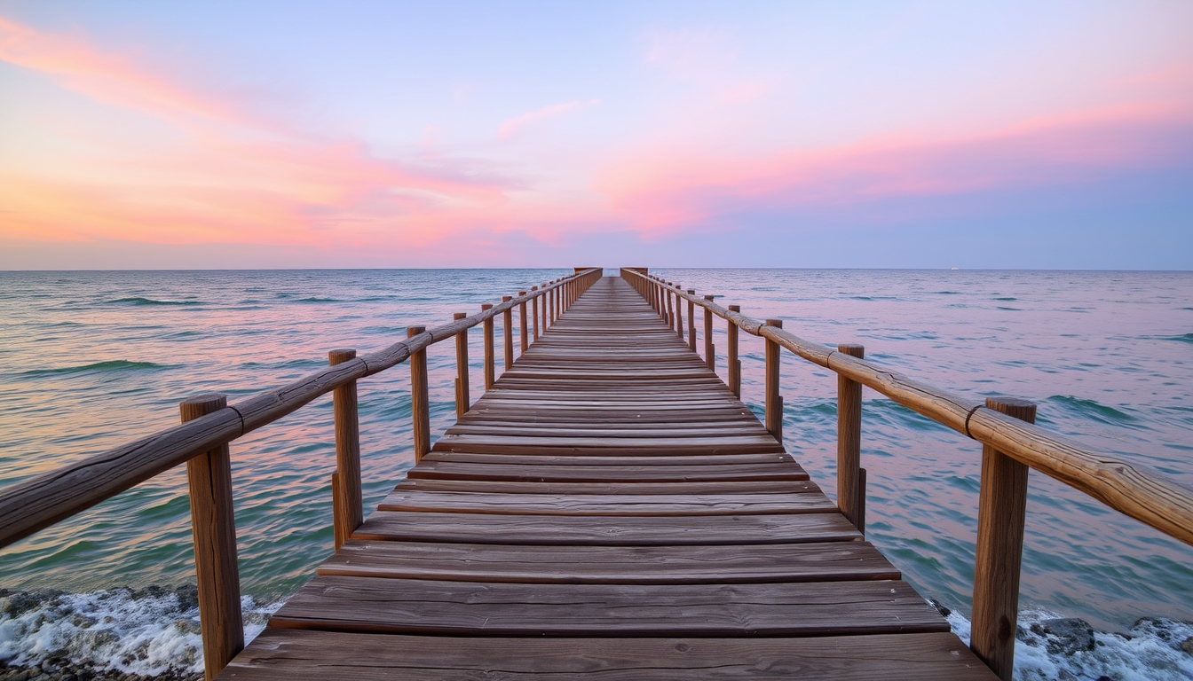 A rustic wooden pier stretching into the sea with sunset background. - Image