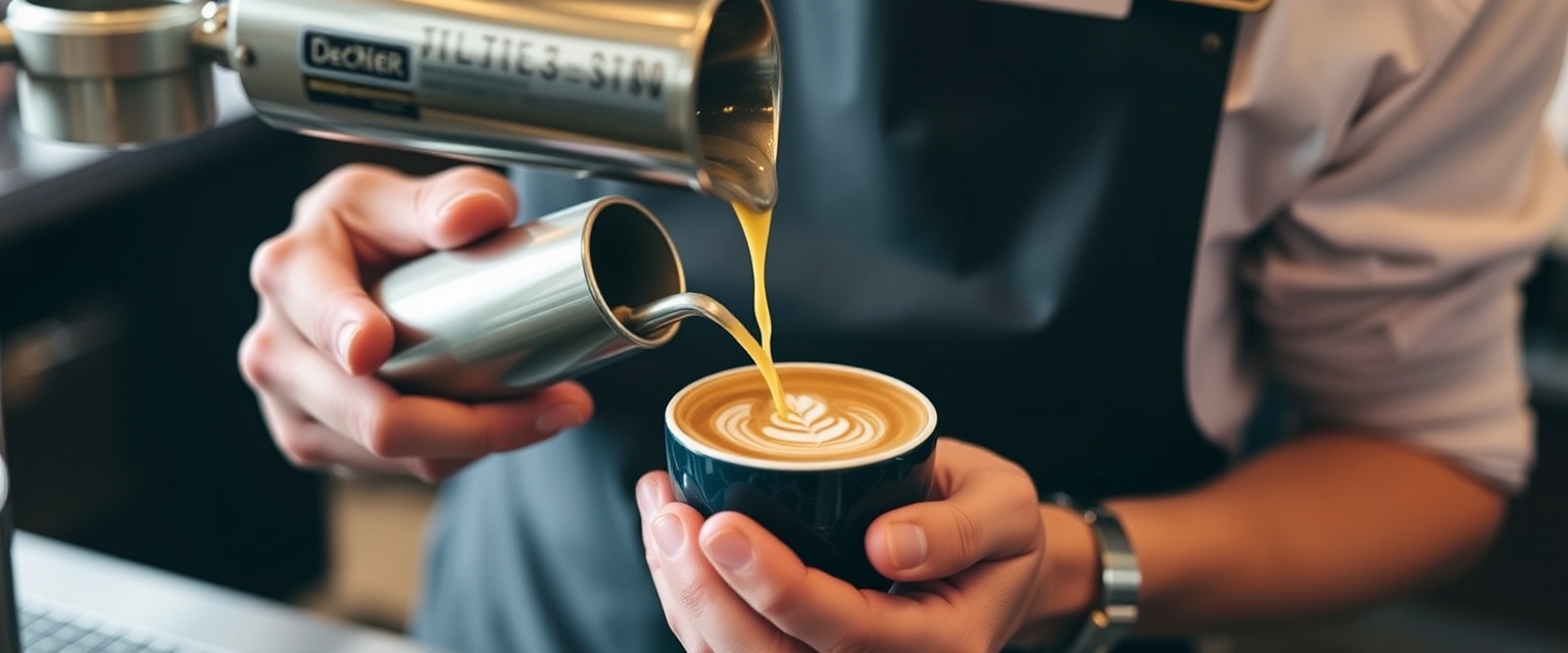 Barista pouring latte art into a coffee cup, highlighting the skill and artistry in coffee making.