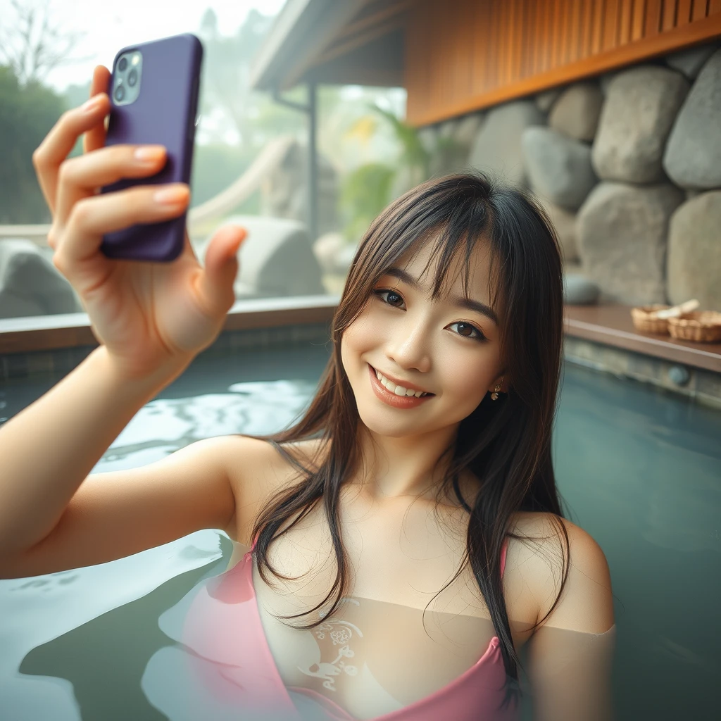 Cubybody beautiful Japanese high school girl taking a selfie in a hot spring - Image