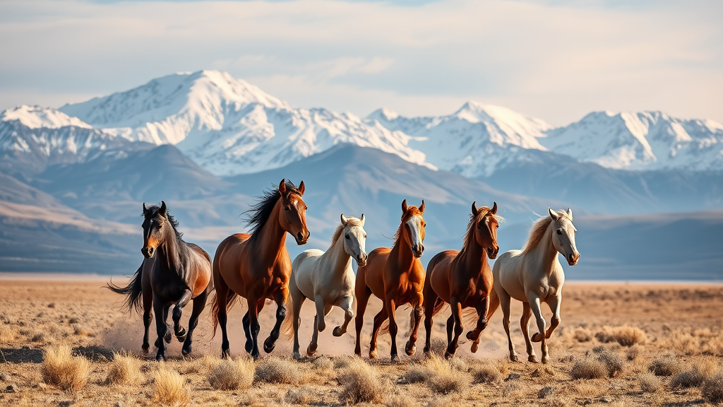 A group of horses running in front of snow-capped mountains in Kazakhstan, by David G. Sorensen, a photo, fine art, majestic horses, galloping, equine photography, in the steppe, horses, 8k award-winning photograph.