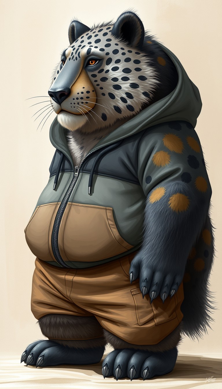 quarter view, anthropomorphic obese gray bear leopard hybrid, blended features. gray and black fur with tan and white fur markings. he has a heavyset body. wide fat bottom. fat wide double chins. tan cargo pants and zip up hoodie. full body. uncropped. fluffy fur. abstract background digital art.