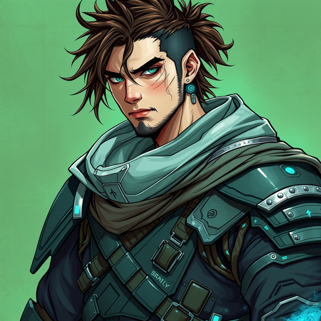 Cyber Samurai style of male warrior with rugged brown hair and cybernetic implants | merging armor/clothes with futuristic cyberpunk elements | flowing robes and high-tech armor plating | in backdrop | in green and blue.