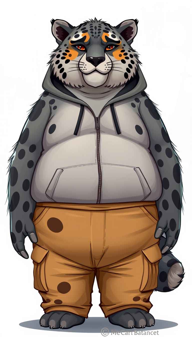 Quarter view, anthropomorphic obese gray bear leopard hybrid, blended features. Gray and black fur with tan and white fur markings. He has a heavyset body. Wide fat bottom. Fat wide double chins. Tan cargo pants and zip-up hoodie. Full body. Uncropped. Fluffy fur. Abstract background digital art, cartoon. - Image