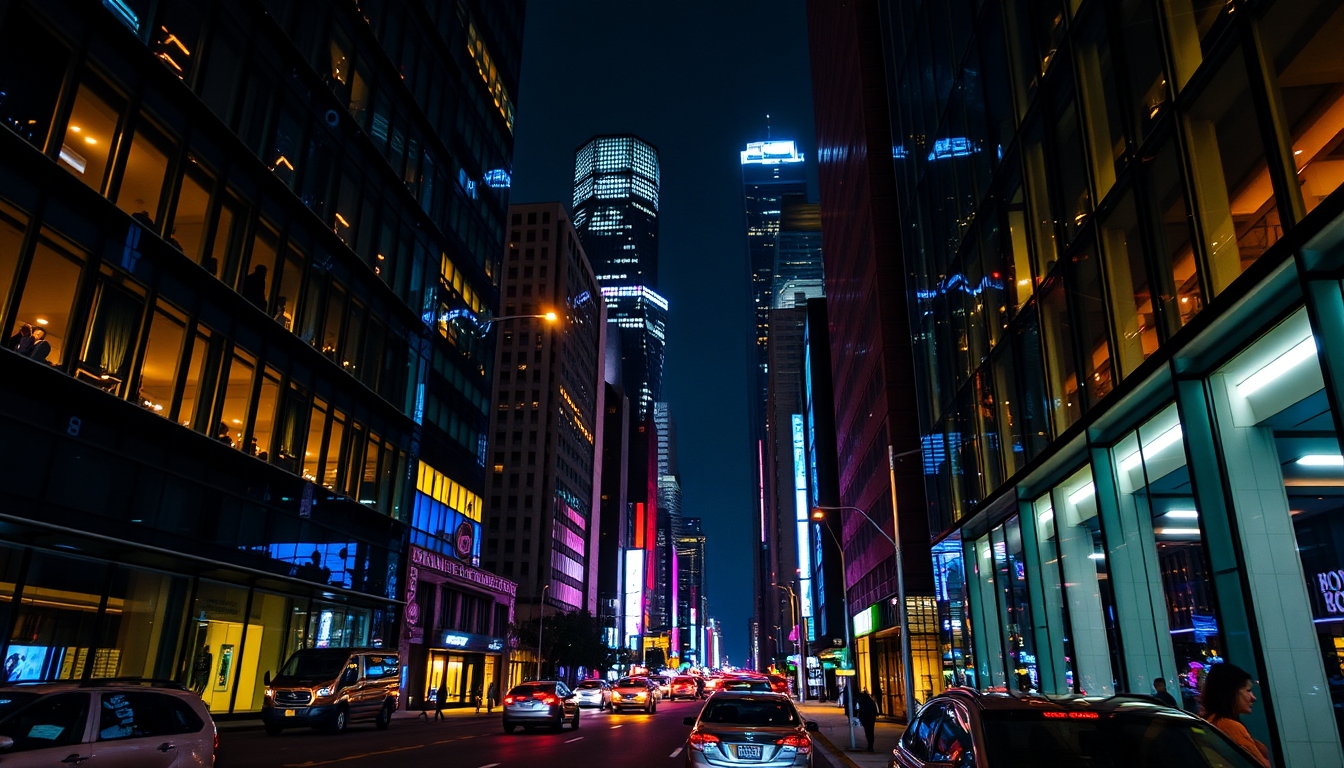 A vibrant city street at night, with reflections in the glass windows of skyscrapers.