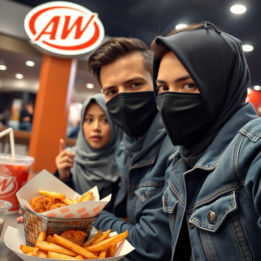 Jamie Dornan's head and body shot, handsome young face, black face mask, blue jeans jacket, jeans, dating a lovely Muslim girl in a grey hijab with beautiful eyes, wearing a black face mask and a black leather jacket, the biggest floral skirt, at an A&W fast food restaurant, with a plate of Korean fried chicken and fries, soft drink, photorealistic, hyper-realistic, street photography, selfie. - Image