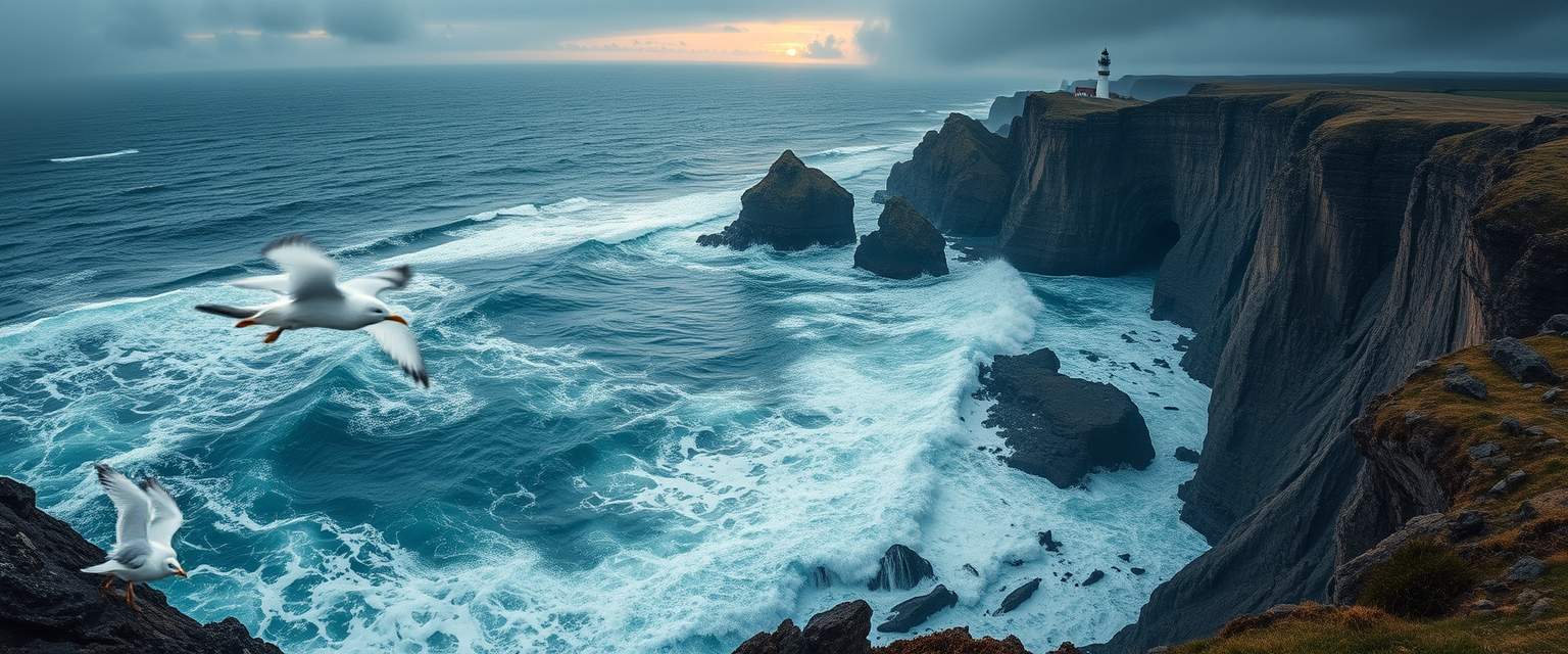 Awe-inspiring, rugged coastline, rocky cliffs, crashing waves, high quality, photorealistic, dramatic, wild, seagulls, stormy, panoramic, breathtaking::1.2 tide pools, sea stacks, hidden caves, coastal hiking trails, lighthouse, mist, vibrant sunset - Image