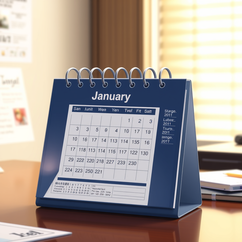 A photo of a desk calendar. The calendar is open to the month of January. The calendar is on a desk in an office. anime theme.