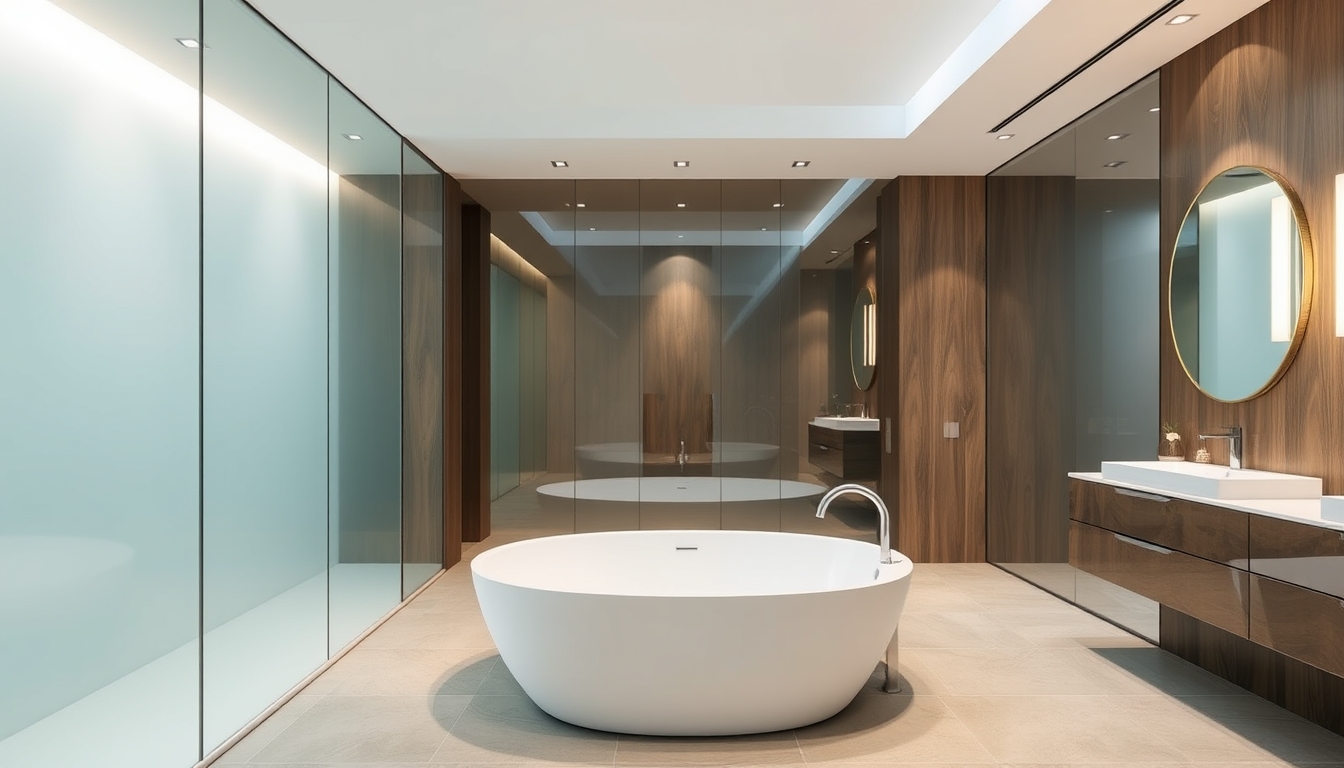 A sleek modern bathroom with glass walls and a luxurious soaking tub.