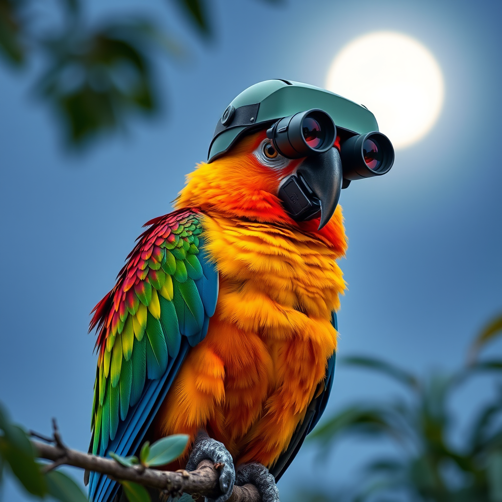 Portrait of a colorful parrot, standing on the tree, wearing a bulletproof helmet with dual-tube night vision goggles mounted on, bright moonlight, 4K, facing the camera. - Image