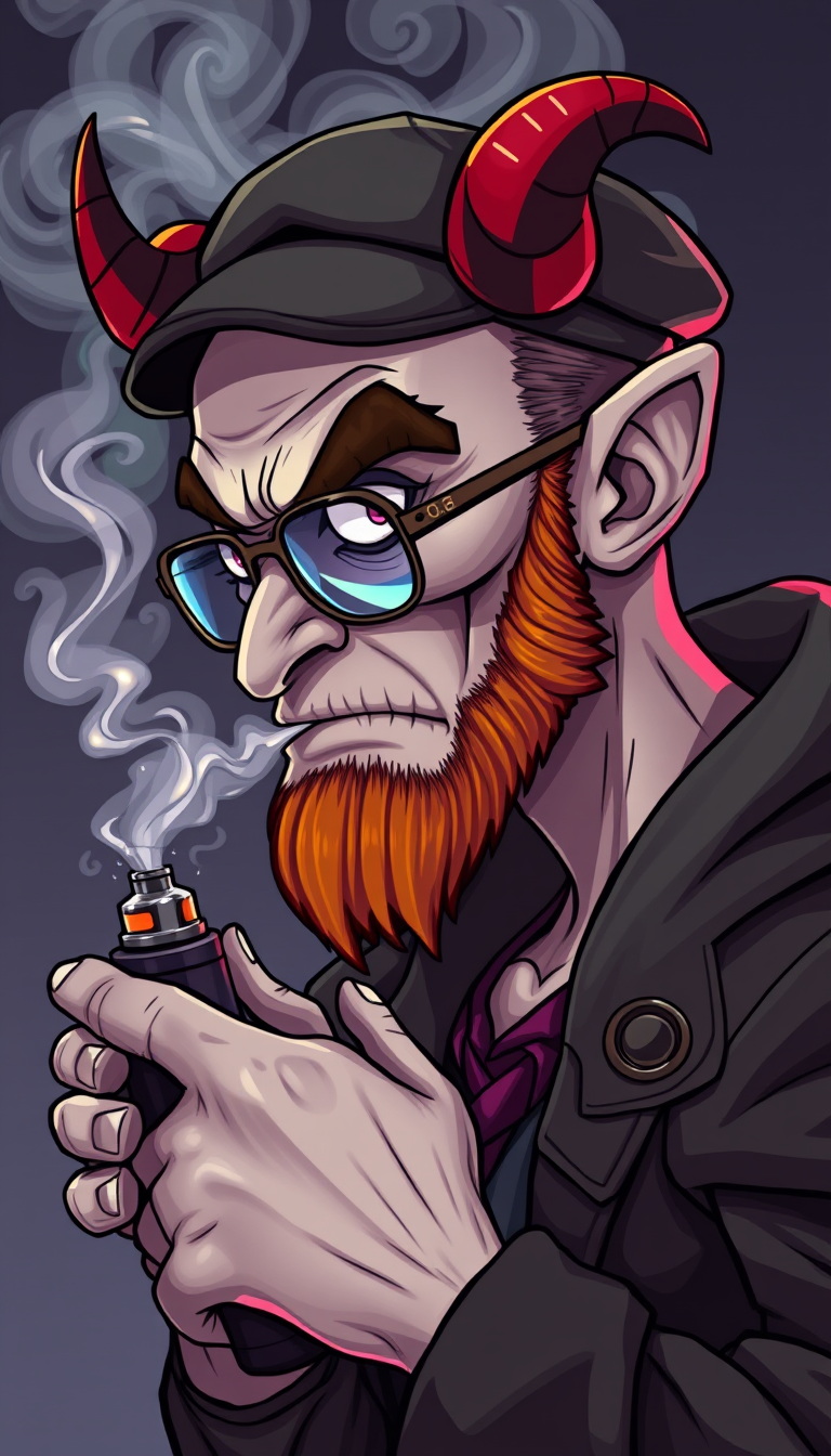 Three-quarter view of a sinister, bald cartoon human male with necromancer lich features. Demonic horns, a short fiery ginger beard contrasts with dark eyebrows. Wears a weathered flatcap and aviator glasses. Clutches a sleek vapemod, exhaling dense, swirling vapor clouds. Vibrant, e-liquid drips off his pale skin, creating a colorful aura.