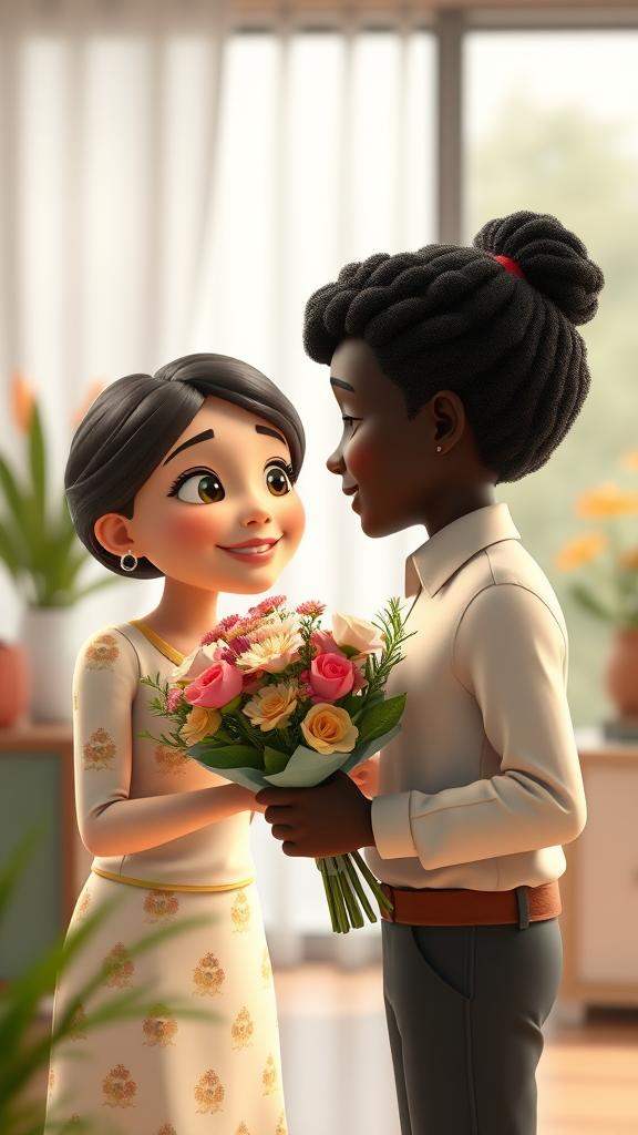 Years later, someone came to propose to me, a black-skinned girl, bringing flowers with his mother.. office 8k, 3D Pixar-style. - Image