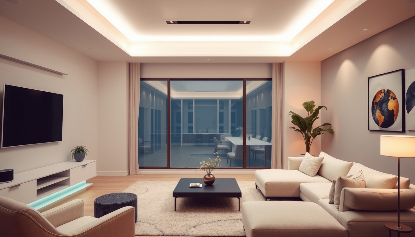 A high-tech living room with voice-activated lighting, smart speakers, and a sleek, minimalist design, all controlled by a smartphone.