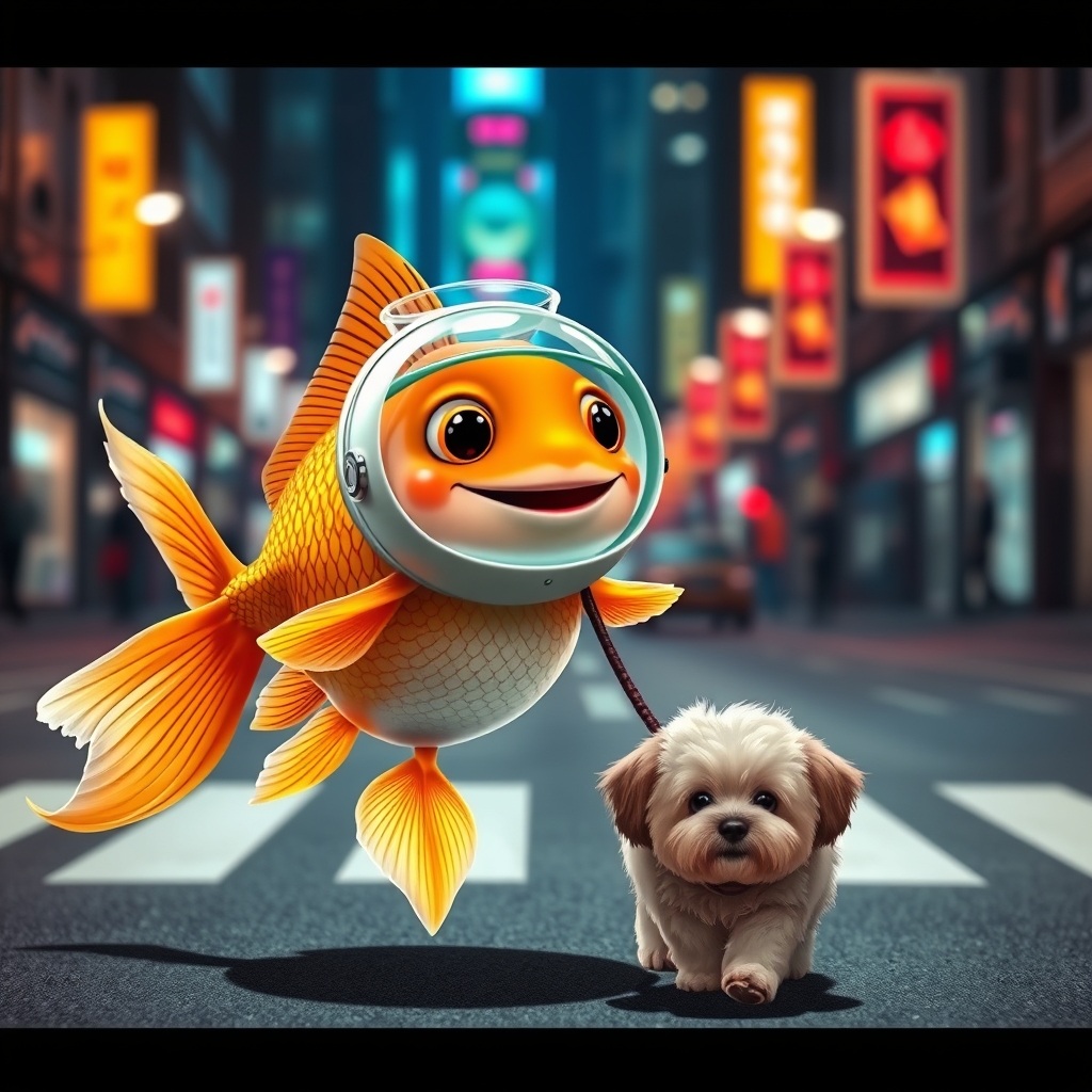 A cute happy goldfish wearing a fish bowl as a breathing mask (half filled with water) is walking a cute dog on a leash in the streets at night, with colorful city lights, happily laughing, mouth open, cute face, walking on fins (no legs), fluffy dog in front, silly walk, ultra realistic, realism.