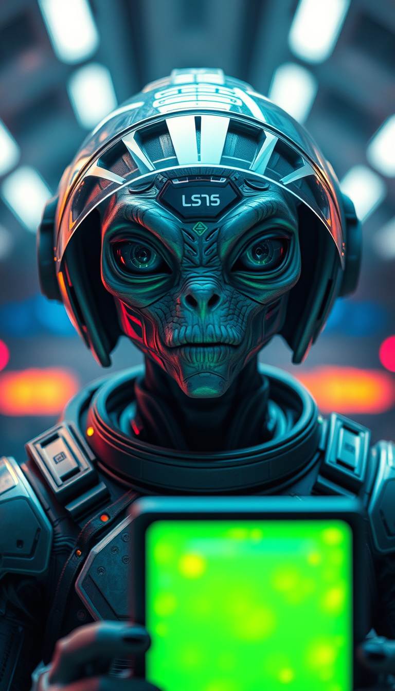 Cinematic view of an alien in an advanced spacesuit looking towards the screen with vibrant colors. - Image