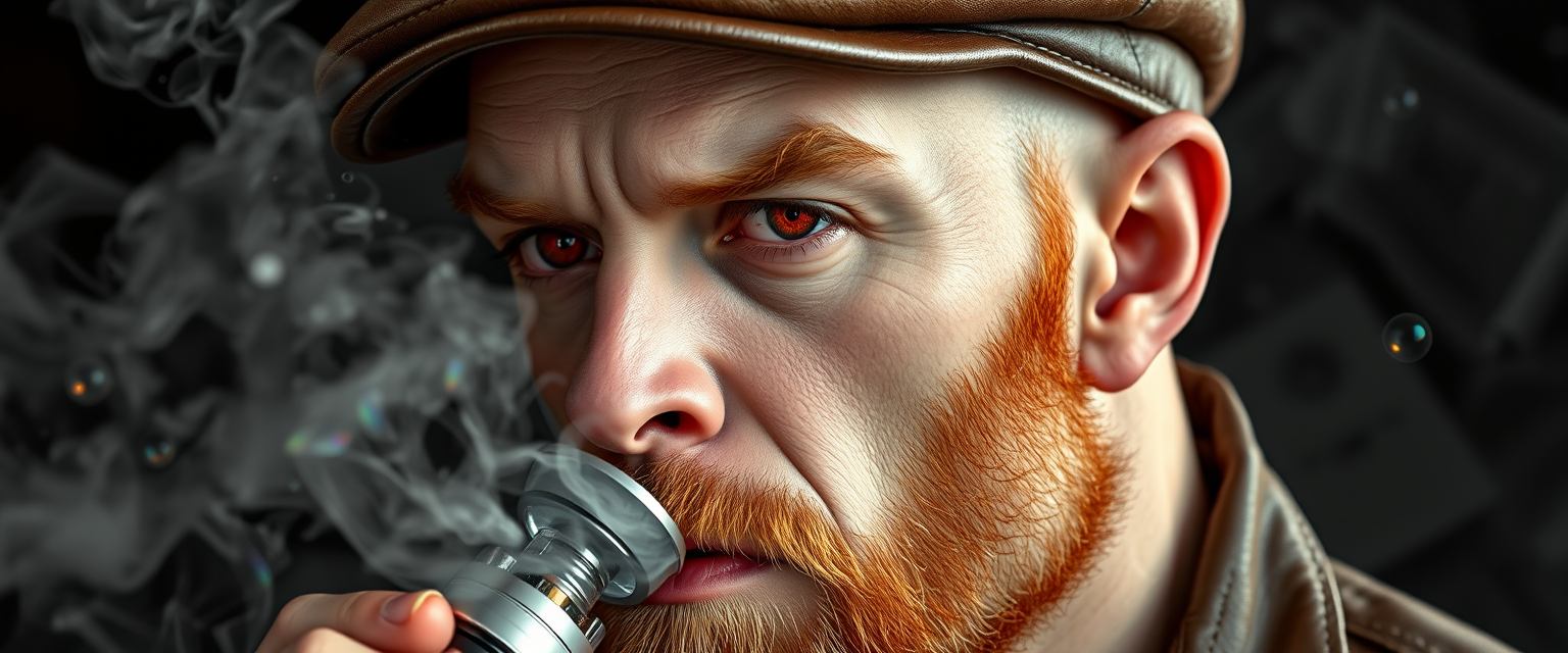 Hyper-realistic three-quarter portrait of a demonized white male, bald with meticulously detailed ginger stubble, donning a worn leather flatcap. Piercing red eyes gleam as he exhales dense, swirling vapor clouds from an intricately designed chrome vapemod. Iridescent e-liquid droplets suspended mid-air. - Image