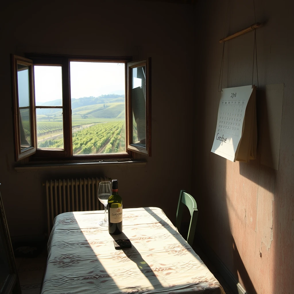 A room in an abandoned house, a kitchen table with a tablecloth on it, a bottle of wine and an empty glass, a window through which sunlight enters, projecting the window frame onto the floor. Outside the window, you can see a rural landscape with hills full of vineyards. On the wall to the right, painted with peeling paint, there is a hanging calendar, open to the month of April, and on the 23rd of April, there is a note that reads, "Goodbye." - Image