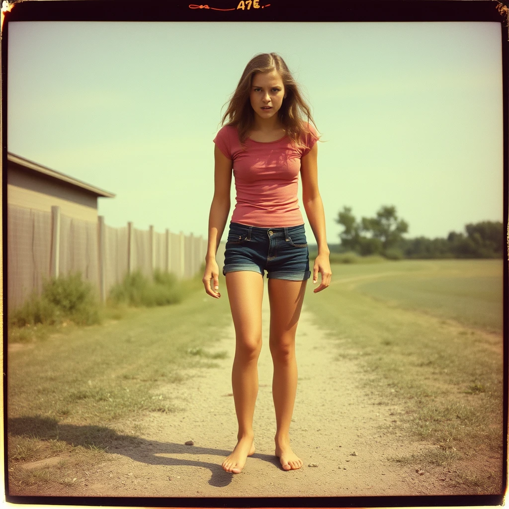 Barefoot teenage angry woman, 1970s, Polaroid