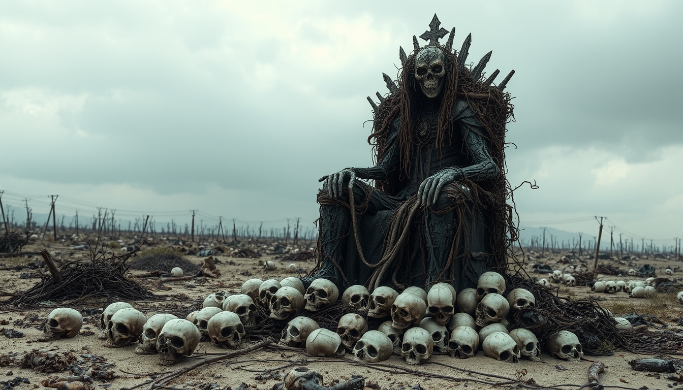 A dark scarecrow sits on a throne covered in thorns, surrounded by skulls on the ground in an apocalyptic wasteland.